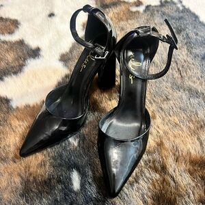 Lulu's Glossy Black Ankle Strap Heels